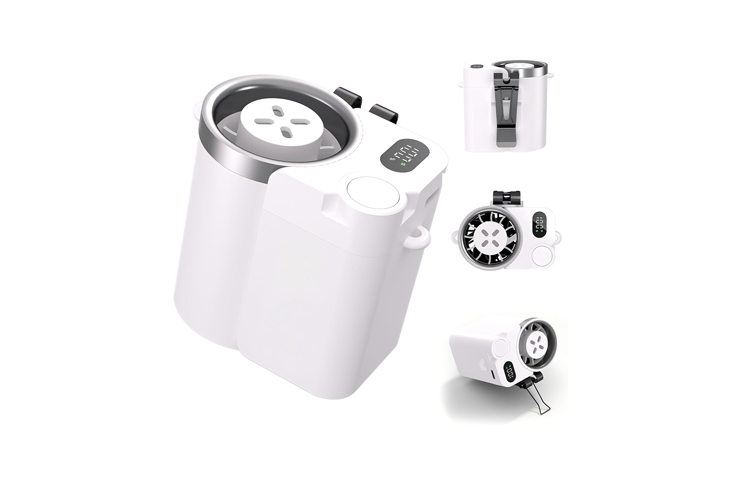 White compact electric mini blender with detachable blades and multiple attachments shown from several angles.