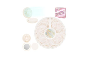 A circular handheld fan surrounded by small beauty accessories and a pink box, set against a white background.