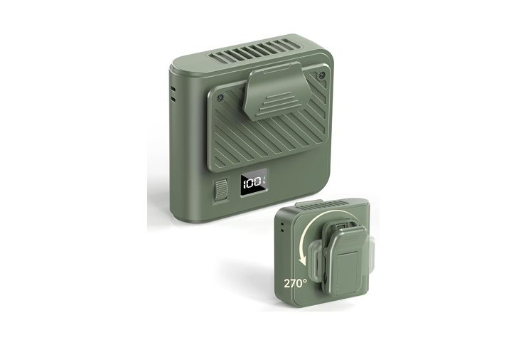 Compact green electric heater with digital readout and fold-out handle.