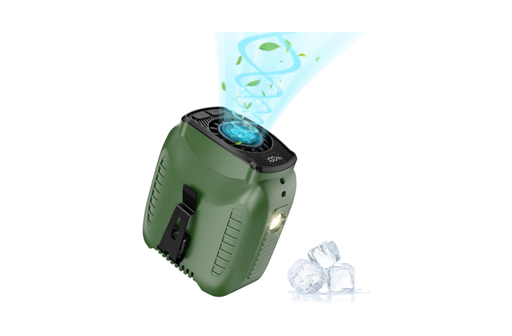 0_62689 - crasi Portable green mini air cooler projecting a stream of cool air, with ice cubes beside it.