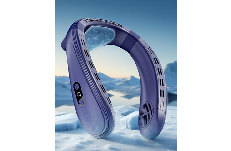 Purple curved wearable neck device with a small display showing 23°C, resting on snow with icy mountains in the background (informative/product image).