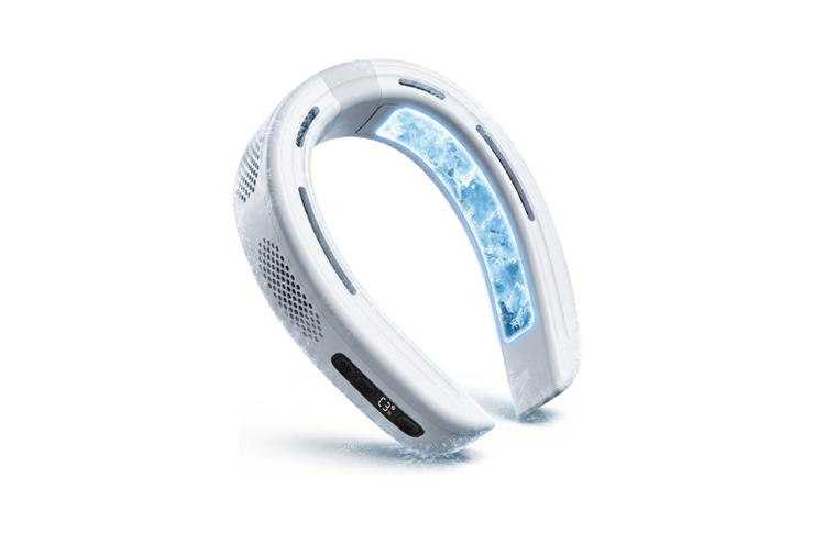 White, wearable neck fan with a blue icy panel in the center, designed to cool the neck area.
