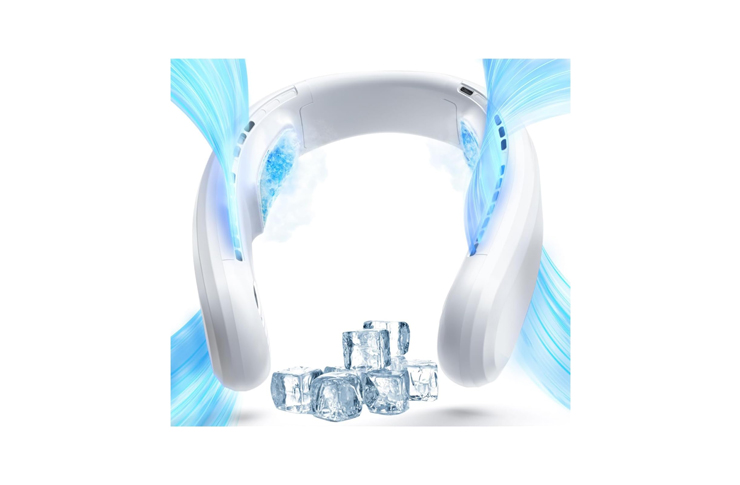 0_62706 - crasi White over-ear headphones with blue light trails and ice cubes on a white background, suggesting cooling.