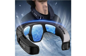 Futuristic neck-mounted VR headset with blue illuminated honeycomb interior around the head against a space-like background.