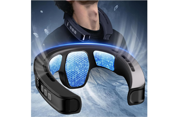 0_62711 - crasi Futuristic neck-mounted VR headset with blue illuminated honeycomb interior around the head against a space-like background.