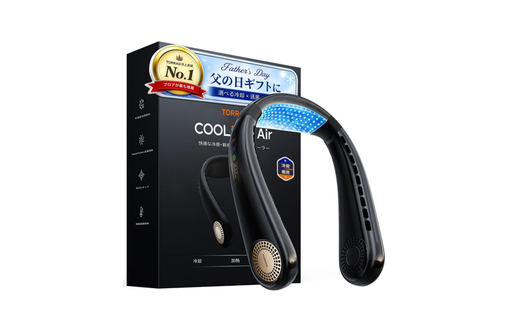 Black wireless neckband headphones with blue LED light, shown beside the black box packaging labeled 'Cool Air' and a Father’s Day promo badge.