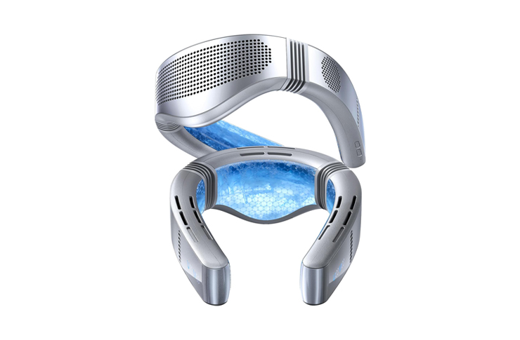 Silver, futuristic VR headset with blue cushioned interior and open frame design.